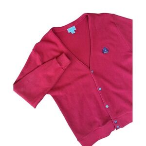 IZOD Men's Red Vtg Grandpa core Academia Button Front Cardigan Sweater XL Logo